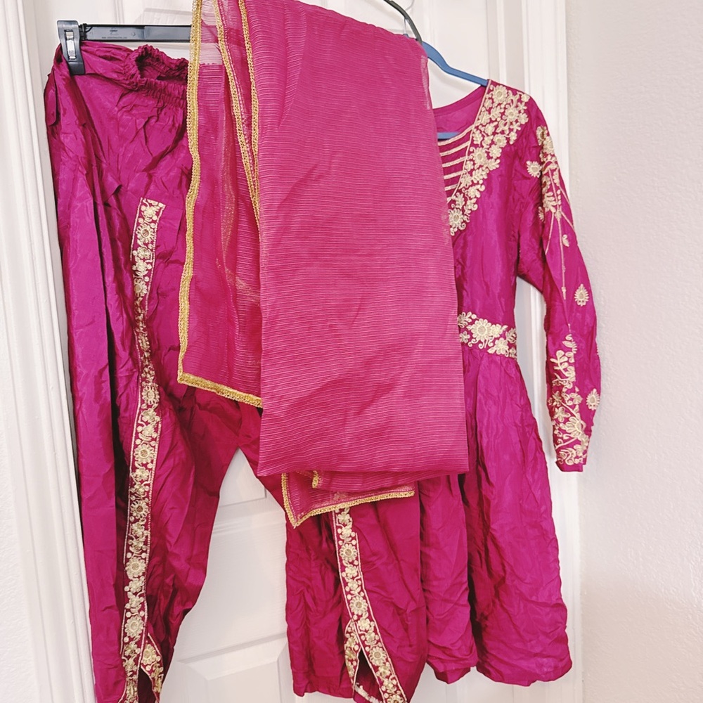 Fuchsia Embroidered Salwar Kameez Set with Gold Trim 3 pc